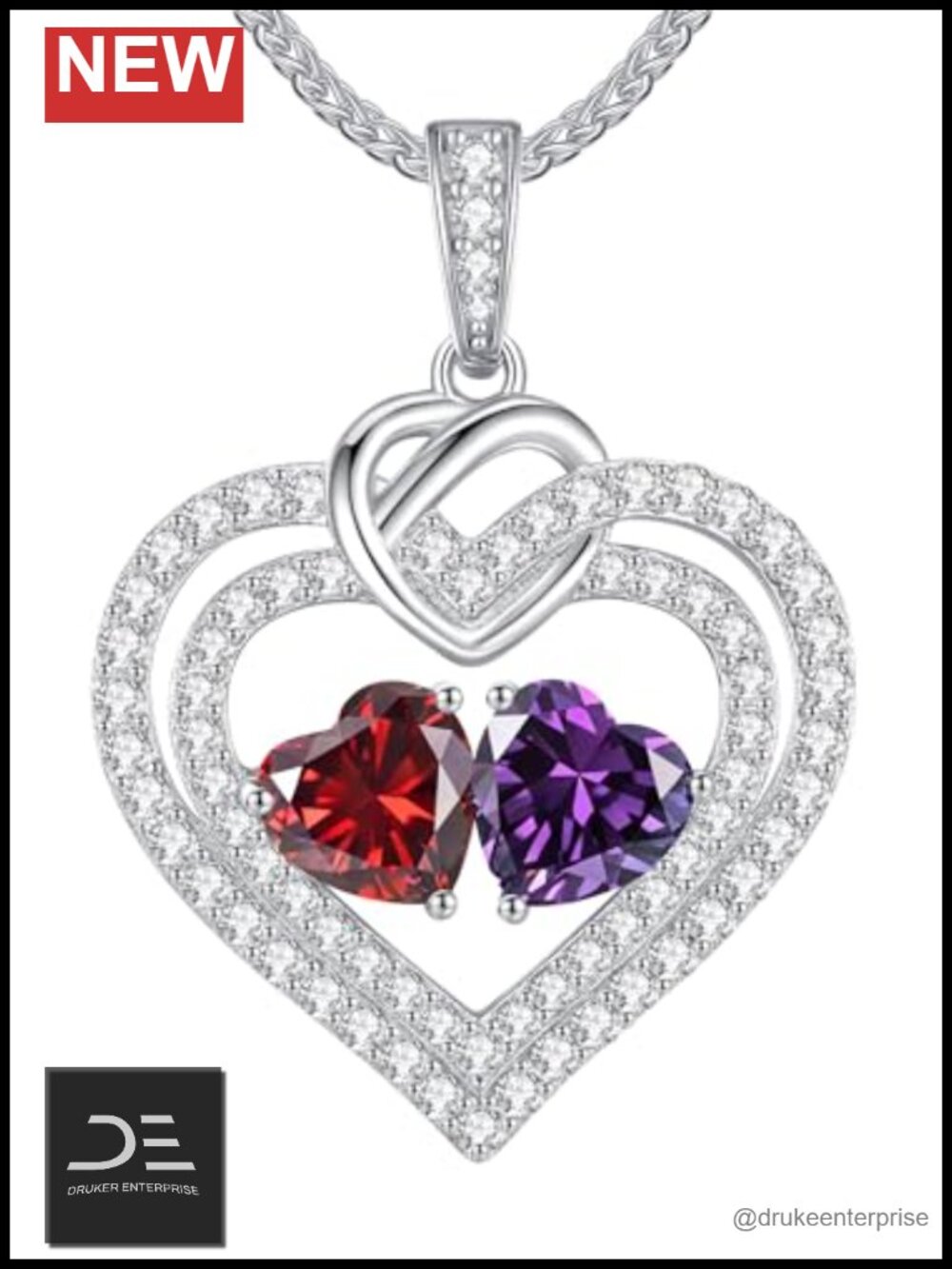 925 Sterling Silver Double Heart Birthstone Pendant Necklace with CZ Stones